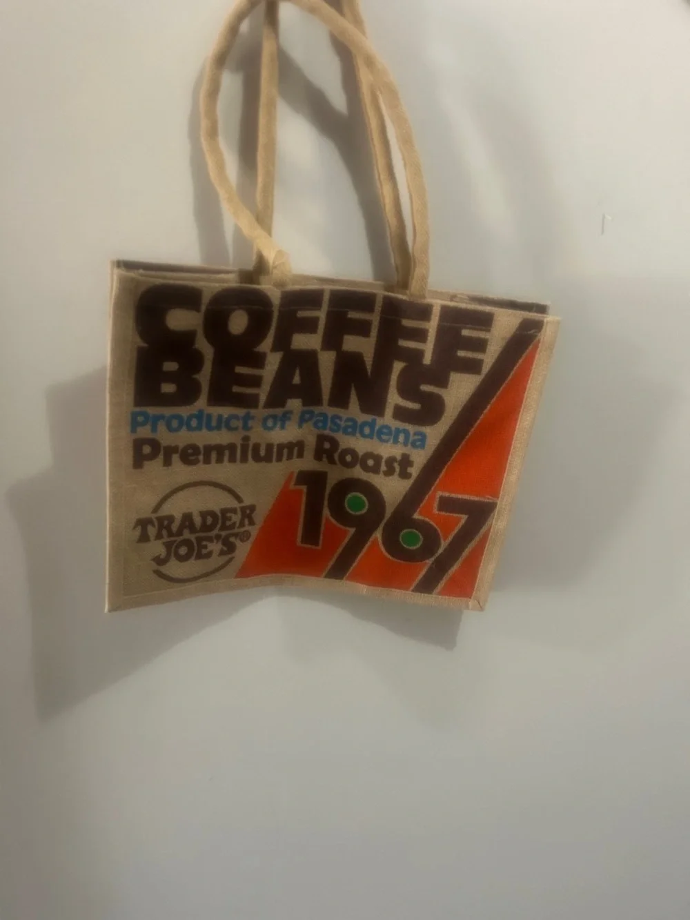 Trader Joe's Beige Jute Tote Bag with Orange & Green Print